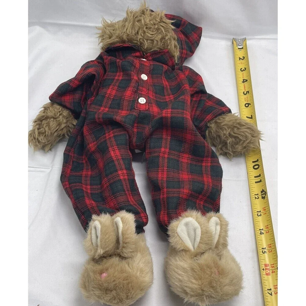 Vintage Teddy Bear in Plaid PJ bunny slippers sleeping cap red Stuffed Animal